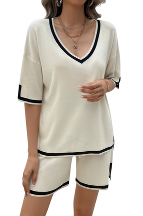 Women's Summer Short Sleeve 2-Piece Set Knit Solid Deep V Neck Loose Drawstring Loose Set