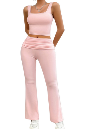 Women's Summer Two Pieces Square Neck Ruched Sleeveless Vest And Stylish Trousers Set