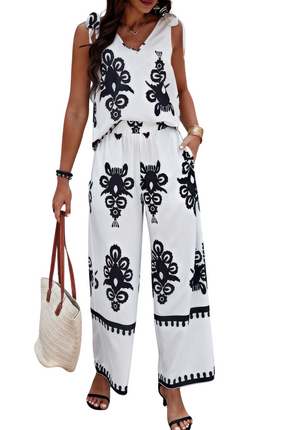 Women's Summer Suits Floral Knot Shoulder Sleeveless Tops Elastic Waist Loose Trousers Sets