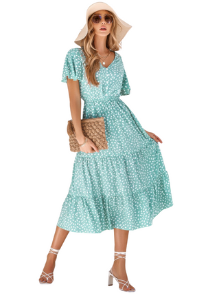 Womens Dresses V Neck Ruffles Tiered Sleeve Smocked Midi Dress Casual Chic Lightweight Summer Sundress