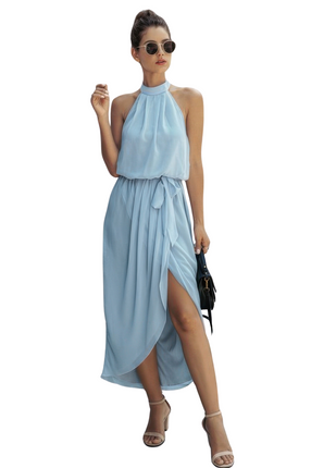 Womens Dresses Halter Neck Empire Waist Spilt Dress Casual Chic Lightweight Basic Summer Sundress