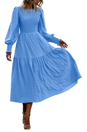 Womens Dresses Solid Round Neck Puff Long Sleeve Midi Dress Casual Chic Lightweight Basic Summer Sundress
