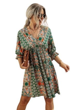 Womens Dresses Boho Print Wrap Neck Tie Back Pleated Hem Dress Casual Chic Lightweight Summer Sundress
