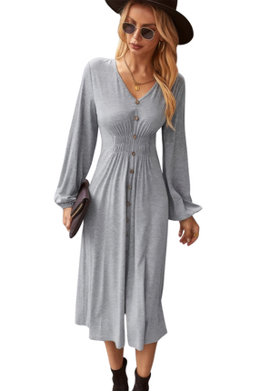 Womens Dresses Solid V Neck Elastic Waist Button Long Sleeve Dress Casual Chic Lightweight Summer Sundress