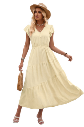 Womens Dresses V Neck Flutter Short Sleeve Layered Pleated Dress Casual Chic Lightweight Basic Summer Sundress