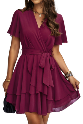 Womens Dresses Chiffon Layer Hem Waist Tie Layer Hem Ruffle Dress Casual Lightweight Basic Summer Sundress