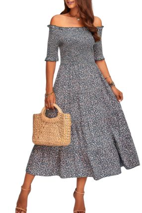 Women‘s Dresses Summer Boho Lightweight Sundress Print Off Shoulder Ruffle Hem Floral Dress