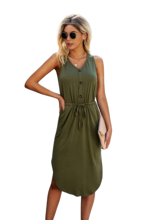 Womens Dresses Solid V Neck Sleeveless Drawstring Waist Curved Hem Casual Chic Lightweight Basic Summer Sundress