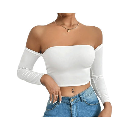 Women's Off Shoulder Long Sleeve Crop Tube Tops Slim Fit Going Out Tee
