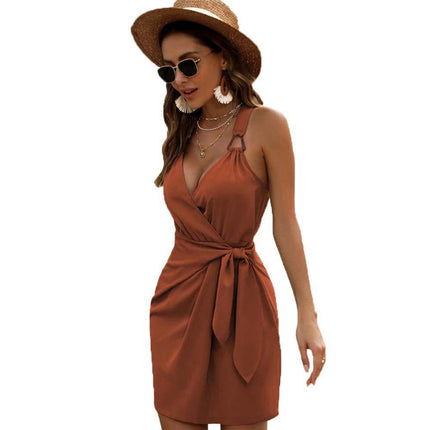 Women's Sexy Bodycon Sleeveless Deep V-Neck Ruched Tie Waist Mini Club Dress
