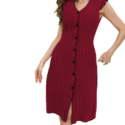 Women's Summer Casual Bodycon Sleeveless V Neck Button Down Party Club Midi Dresses