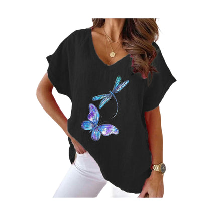 Women's Summer Cotton Linen Short Sleeve Printed Tops Casual V Neck Loose Fit T-Shirt