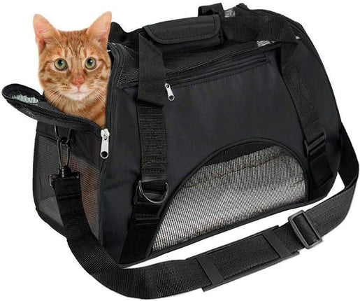 Soft Sided Small Pet Carrier Travel Bag with Shoulder Strap & Removable Plush Mat for Cats Kitten Rabbits and Other Ultra Small Animals (S, Black)