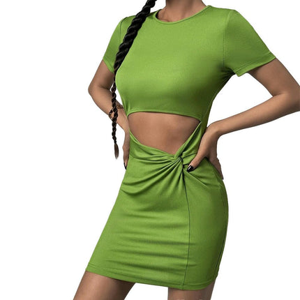 Women's Sexy Bodycon Crew Neck Short Sleeve Cut Out Twist Knot Summer Club Party Mini Dress
