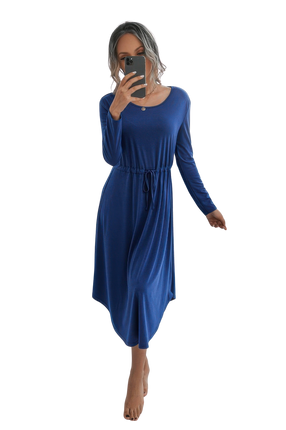 Womens Dresses Summer Solid Round Neck Long Sleeve Drawstring Basic Dress Casual Chic Lightweight Sundress