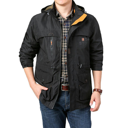 Parka mi-longue à capuche amovible entièrement zippée pour hommes