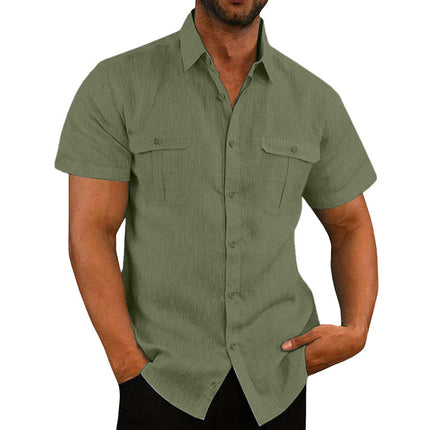 Men's Linen Shirts Casual Short Sleeve Button Down Shirts Summer Beach Top with Pocket