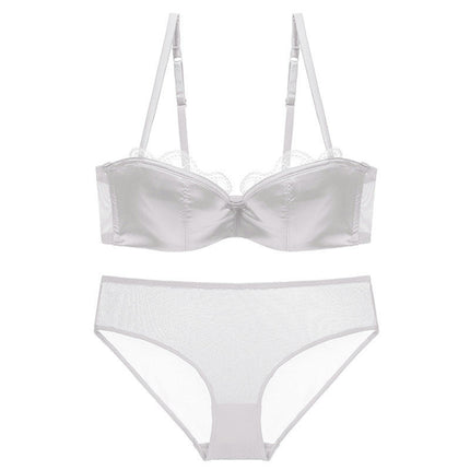 Women's Lace Sexy Glossy Lingerie Satin Thin Half Cup No Trace Bra Set