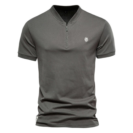 Men's Zipper Cotton V-Neck Short Sleeve T-Shirt Solid Color Embroidery Sport Bottom Shirt