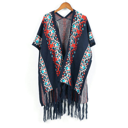 Women's Ethnic Style Faux Cashmere Shawl Winter Warm Cardigan Tassel Cape