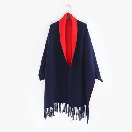 Solid Color With Sleeves Faux Cashmere Shawl - Winter Warm Fringe Sweater Shawl, Reversible Solid Color Cardigan