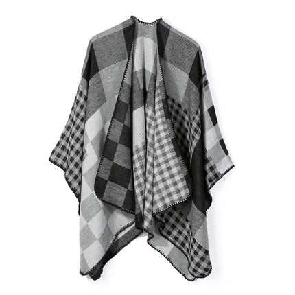Women's Plaid Sweater Poncho Cape Coat Open Front Blanket Shawls and Wraps