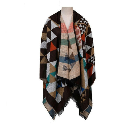 Women's Hooded Colorblocking Shawl Wrap Large Size Cardigan Poncho Lapel Long Winter Sweater Coat