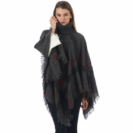 Spring Autumn Plaid High Collar Imitate Cashmere Knitted Shawl Thermal Cover Tassel Poncho Lady Capes