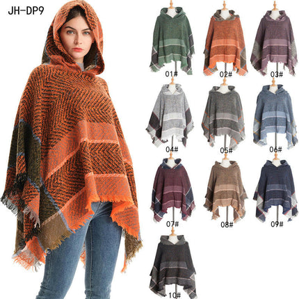 Shawl Knitted Poncho Pullover - Fishbone Pattern Hooded Shawl Irregular Tassel Winter Pullover Shawl