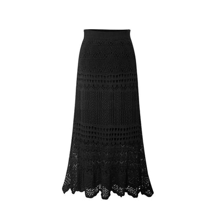 Women's Stretched High Waist Hollow Out Knit Flowy Lace Maxi Skirt