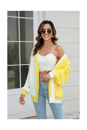 Women's Lamp Pet Sleeve Knit Cardigan - Patchwork Color Loose Short Sweater Jacket
