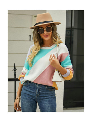 Women's Long Sleeve Pullover Sweater Colorful Stripe Patchwork Fashion Round Neck INS Sweater