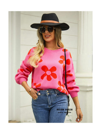 Women's Ribbed Knit Long Sleeve Top Floral Drop Shoulder Loose Sweater