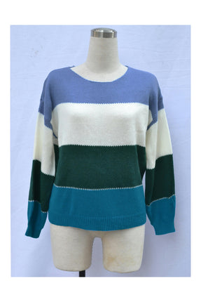 Women's Pullover Sweater Multi-color Patchwork Round Neck Loose Knit Long Sleeve Sweater