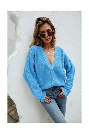 Women's Short Twist Sleeve Knit Sweater Solid Color Loose Button Sweater Cardigan