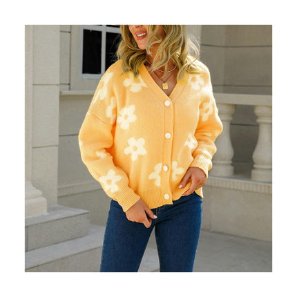 Women's Loose Cozy Printed Knit Cardigan Floral Button Jacket Sweater
