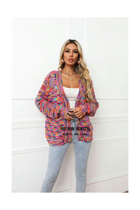 Women Rainbow Intercolor Festival Dye Short Cardigan Knit Jacket Button Cardigan Sweater