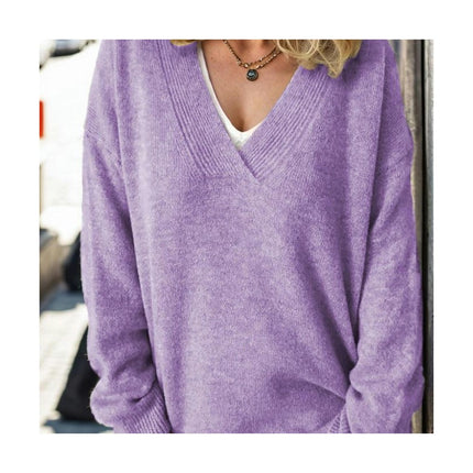 Women's V Neck Long Sleeve Soft Knitted Sweater Casual Pullover for Outerwear