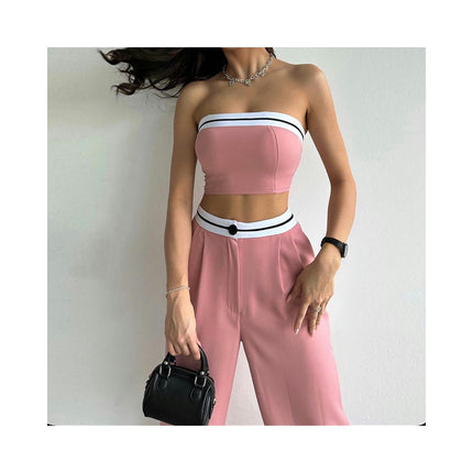 Women's 2 Piece Set Strapless Bandeau Sports Bra High Waisted Wide Leg Pants Casual Suit