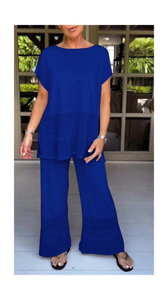 Women's Casual Set Hollowed Out Short Sleeve Top Elastic Waist Long Pants Two Piece Set