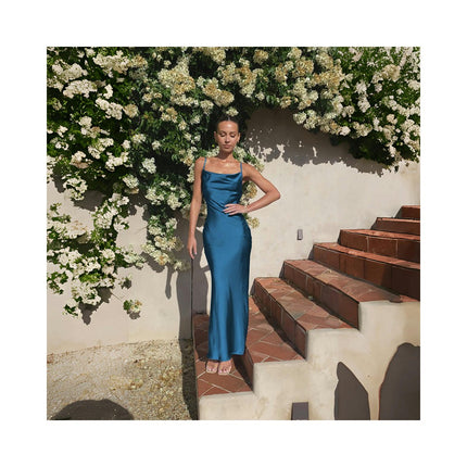 Women Satin Spaghetti Straps Maxi Dress Open Back Cocktail Party Dress Sleeveless Evening Gown