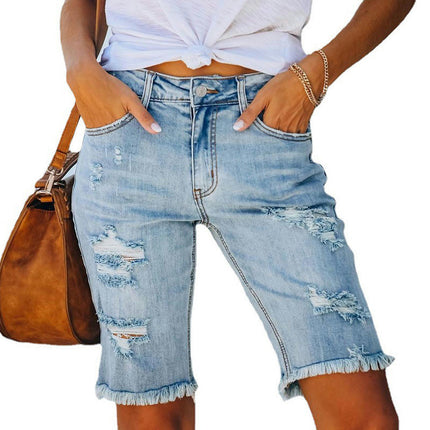 Womens High Waisted Denim Shorts Ripped Distressed Knee Length Denim Jean Short