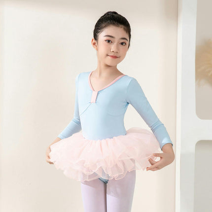 Girls High Elastic Nylon Ballet Dance Dress Cute Tutu Skirted Leotard Long Sleeve