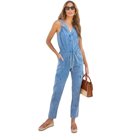 Women's Denim Overall Jumpsuits Sleeveless V Neck Straps Drawstring Waist Denim Pants Rompers