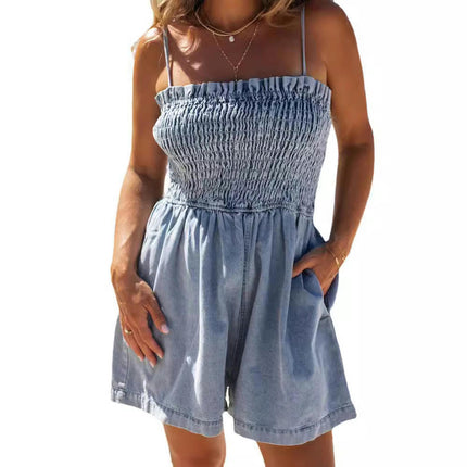 Women's Smocked Denim Romper Shorts Spaghetti Strap Sleeveless Jean Jumpsuits