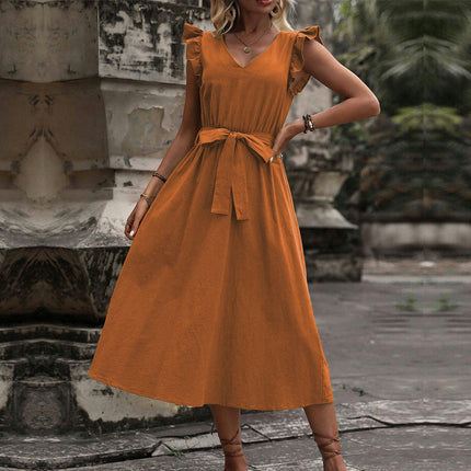 Women's Ruffle Cap Sleeve Dress V Neck Tie Waist A Line Flowy Summer Midi Dresses
