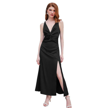 Women's Sexy Deep V Neck Twist Front Backless Slit Ruched Party Cocktail Maxi Dress