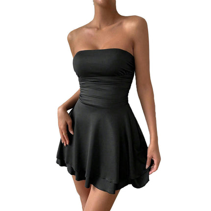 Women's Sexy Strapless Tube Top Bodycon Sleeveless Ruffle A Line Mini Party Dress