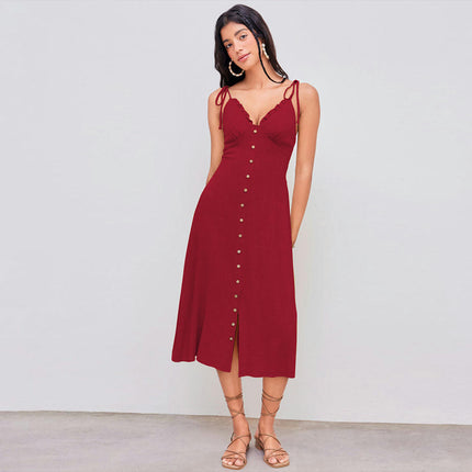 Women's Beach Summer Dresses A-Line Spaghetti Strap V-Neck Button Down Midi Dress