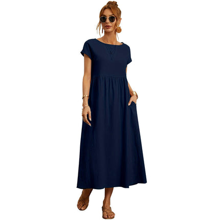 Women's Crew Neck Short Sleeve Loose Plain Maxi Dresses Casual Long Dresses with Pockets